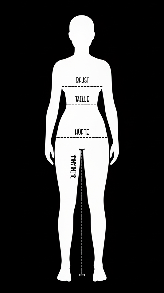 Silhouette eines weiblichen Körpers mit Querlinien an der breitesten Stelle der Brust, der schmalsten Stelle der Taille und an der Hüfte. Eine vertikale Linie deutet die Beinlänge vom Schritt bis zum Boden an.