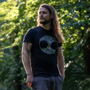 Schwarzes T-shirt im taillierten Herrenschnitt mit weißem Lebensbaum-Druck